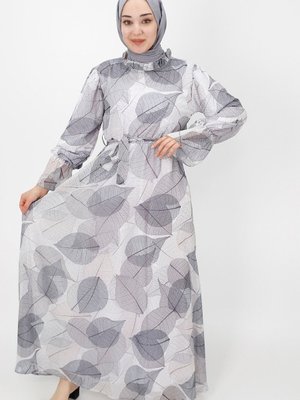 Gri Yaprak Desenli Büzgü Detaylı Şifon Elbise Gri Yaprak Desenli Büzgü Detaylı Şifon Elbise