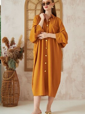 Hardal Yarasa Uzun Kol Oversize Keten Karışımlı Tunik Gömlek Elbise Hardal Yarasa Uzun Kol Oversize Keten Karışımlı Tunik Gömlek Elbise