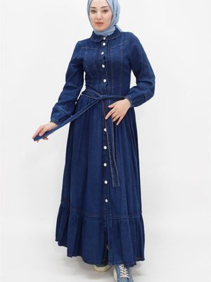 Jeans Düğmeli Ve Kemerli Uzun Boy Kot Kumaş Spor Elbise Jeans Düğmeli Ve Kemerli Uzun Boy Kot Kumaş Spor Elbise