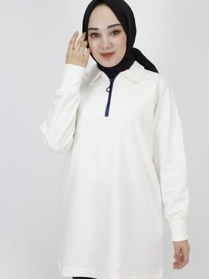 Ekru İp Kumaş Yaka Fermuar Detaylı Sweatshirt Ekru İp Kumaş Yaka Fermuar Detaylı Sweatshirt
