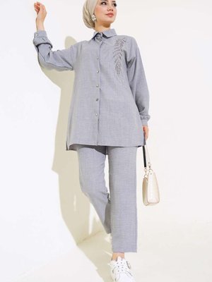 Gri Taş Detaylı Keten Takım