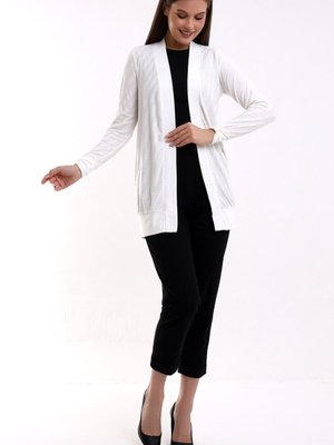 Ekru Penye Uzun Yaka Ve Kol Bant Detaylı Esnek Hırka & Kaftan Ekru Penye Uzun Yaka Ve Kol Bant Detaylı Esnek Hırka & Kaftan