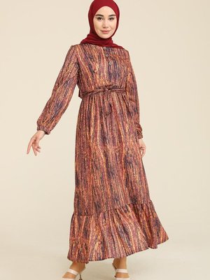 Hardal Çiçek Desenli Büzgülü Elbise Hardal Çiçek Desenli Büzgülü Elbise