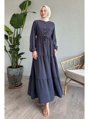 Pamela Düğmeli Ayrobin Koyu Gri Elbise