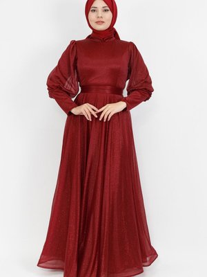 Bordo Simli Kumaş Kemeri Taşlı Abiye Elbise Bordo Simli Kumaş Kemeri Taşlı Abiye Elbise