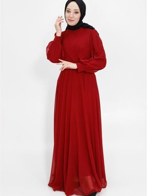 Bordo Kruvaze Yaka Şifon Kumaş Abiye Elbise Bordo Kruvaze Yaka Şifon Kumaş Abiye Elbise