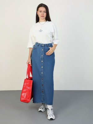 Mavi Cep Detaylı Önden Düğmeli Denim Etek