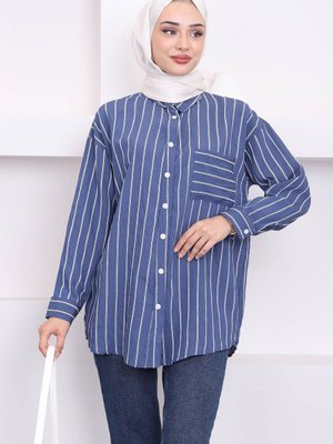 İndigo Tek Cepli Çizgili Lilyum Gömlek