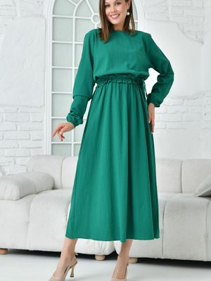 Yeşil Bisklet Yaka Uzun Kollu Gofre Elbise
