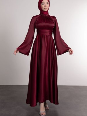 İspanyol Kol Beli Dolamalı Saten Abiye Elbise