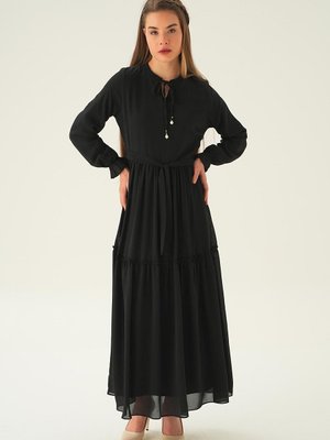 Fırfırlı Uzun Elbise Siyah