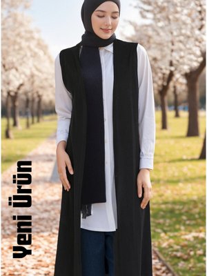 Büyük Normal Beden Sade Uzun Dökümlü Yumuşacık Siyah Anne Yelek