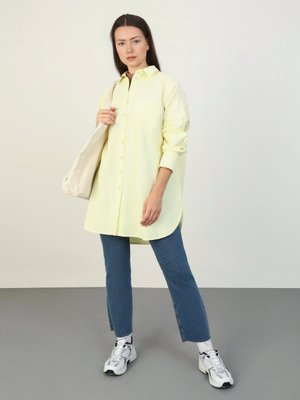 Sarı Cep Detaylı Oversize Poplin Gömlek