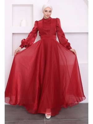 Kırmızı Yaka Bel Piliseli Abiye Elbise
