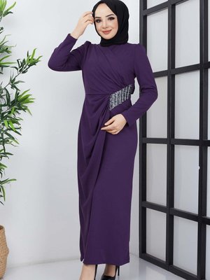 Mürdüm Dalya Taşlı Krep Abiye Elbise