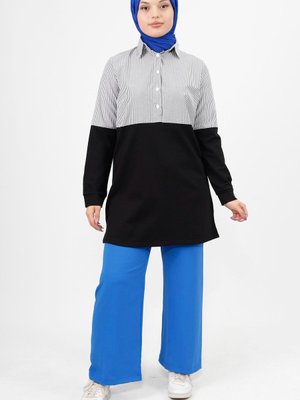 Siyah Gömlek Garnili Çizgili İplik Kumaş Sweatshirt Siyah Gömlek Garnili Çizgili İplik Kumaş Sweatshirt