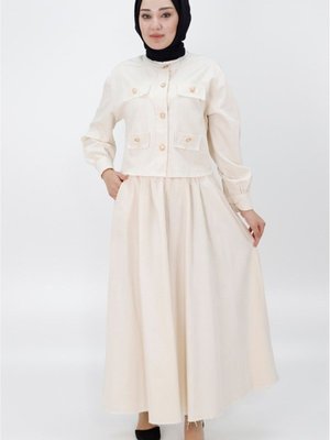 Taş Keten Kumaş Cep Ve Düğme Detaylı Etekli İkili Takım