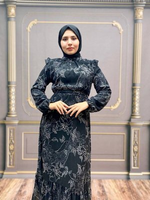 Siyah Çiçek Desenli Şifon Elbise Siyah Çiçek Desenli Şifon Elbise