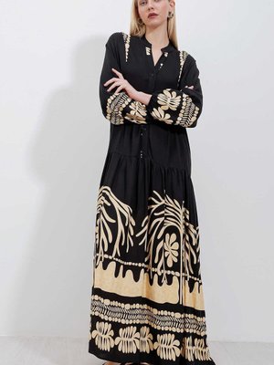 Siyah Oversize Otantik Desenli Viskon Elbise Siyah Oversize Otantik Desenli Viskon Elbise