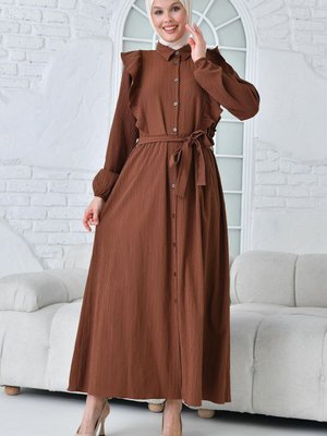 Kahve Volanlı Kemerli Dokuma Elbise