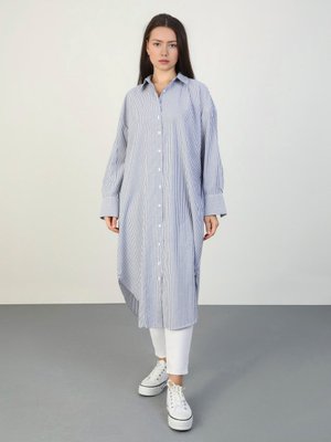 Lacivert Çizgili Pamuklu Poplin Oversize Gömlek Tunik Lacivert Çizgili Pamuklu Poplin Oversize Gömlek Tunik