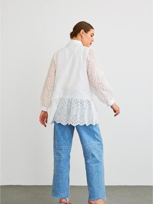 Vale Taş İşlemeli Eteği Fırfırlı Brode Ekru Gömlek