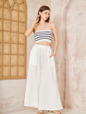 Beyaz Beli Lastikli Cepli Bol Paça Salaş Oversize Bej Yumuşak Dokulu Rahat Pantolon Beyaz Beli Lastikli Cepli Bol Paça Salaş Oversize Bej Yumuşak Dokulu Rahat Pantolon