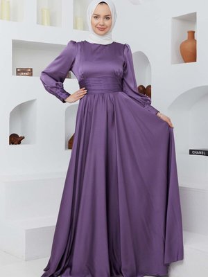 Lila Başak Saten Abiye Elbise