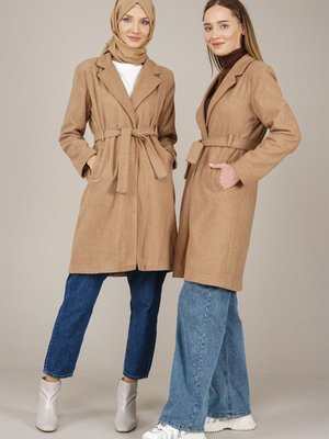 Kemerli Astarlı Kaşe Kaban Camel Kemerli Astarlı Kaşe Kaban Camel
