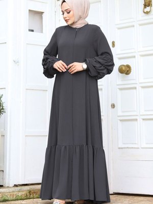 Çift Balon Kol Detaylı Eteği Volanlı Ferace Antrasit