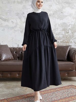 Merya Tünel Kemerli Soft Ayrobin Elbise Siyah