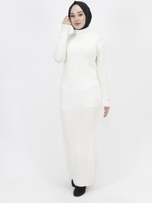 Ekru Boğazalı Fitilli Triko Elbise Ekru Boğazalı Fitilli Triko Elbise