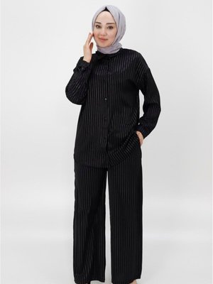 Siyah Jessıca Kumaş Çizgili İkili Takım Siyah Jessıca Kumaş Çizgili İkili Takım