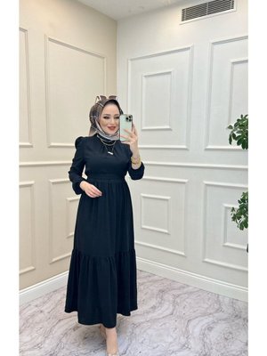Siyah Yakası Büzgü Detaylı Ayrobin Elbise