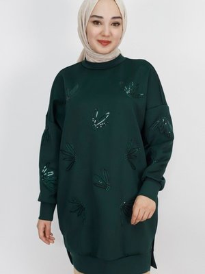 Haki Scuba Kumaş Pul Ve Nakış Detaylı Sweatshirt Haki Scuba Kumaş Pul Ve Nakış Detaylı Sweatshirt