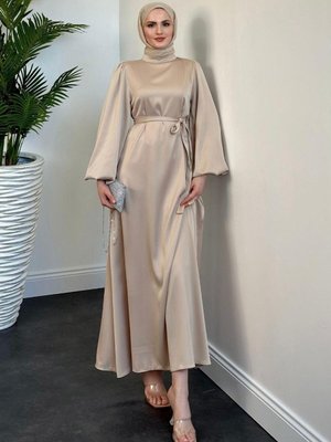 Dimitra Balon Kol Saten Elbise Krem Dimitra Balon Kol Saten Elbise Krem