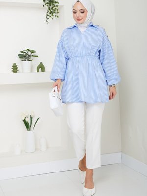 Bebe Mavi Beyaz Çizgili Saten Belden Lastikli Gömlek