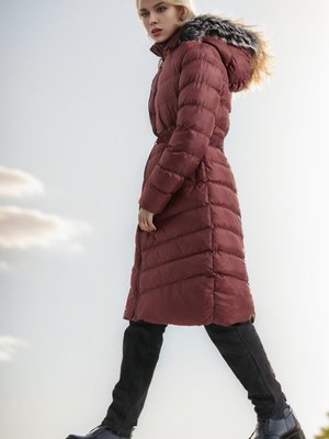 Bordo Kürklü Kapüşonlu Kemerli Şişme Mont