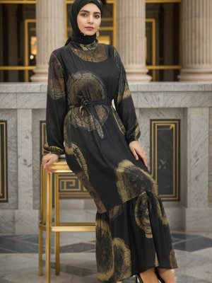 Siyah Sarı Dijital Baskılı Elbise Siyah Sarı Dijital Baskılı Elbise