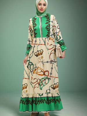 Bej Yeşil Desenli Viskon Elbise Bej Yeşil Desenli Viskon Elbise