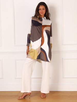 Geniş Kesim Desenli Saten Tunik Gold Geometrik Desen