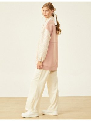 Denim Mixli Jakarlı Sweatshirt Pudra