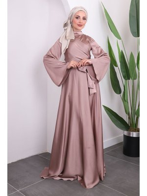 Vizon Ön Bağlamlı Kol Volanlı Saten Abiye Elbise