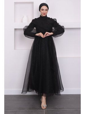 Siyah Ön Detaylı Balon Kol Simli Abiye Elbise