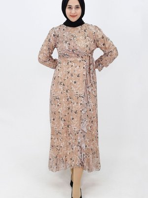 Taş Bağlamalı Fırfırlı Şifon Elbise Taş Bağlamalı Fırfırlı Şifon Elbise