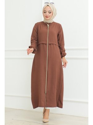 Kahve Baler Boydan Fermuarlı Ferace