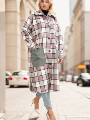 Pudra Ekose Desenli Düğmeli Kaban Pudra Ekose Desenli Düğmeli Kaban