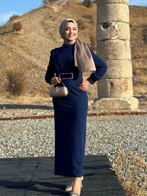 Saks Hilal Krep Lacivert Abiye Elbise