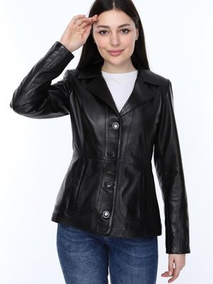 Siyah Hakiki Deri Önden Düğmeli Love Mont