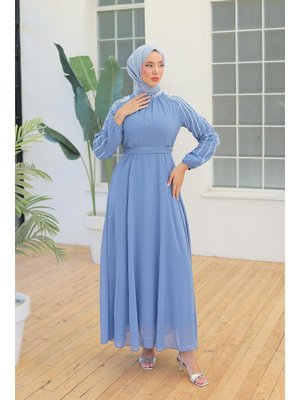 Açık Mavi Peren Şifon Abiye Elbise